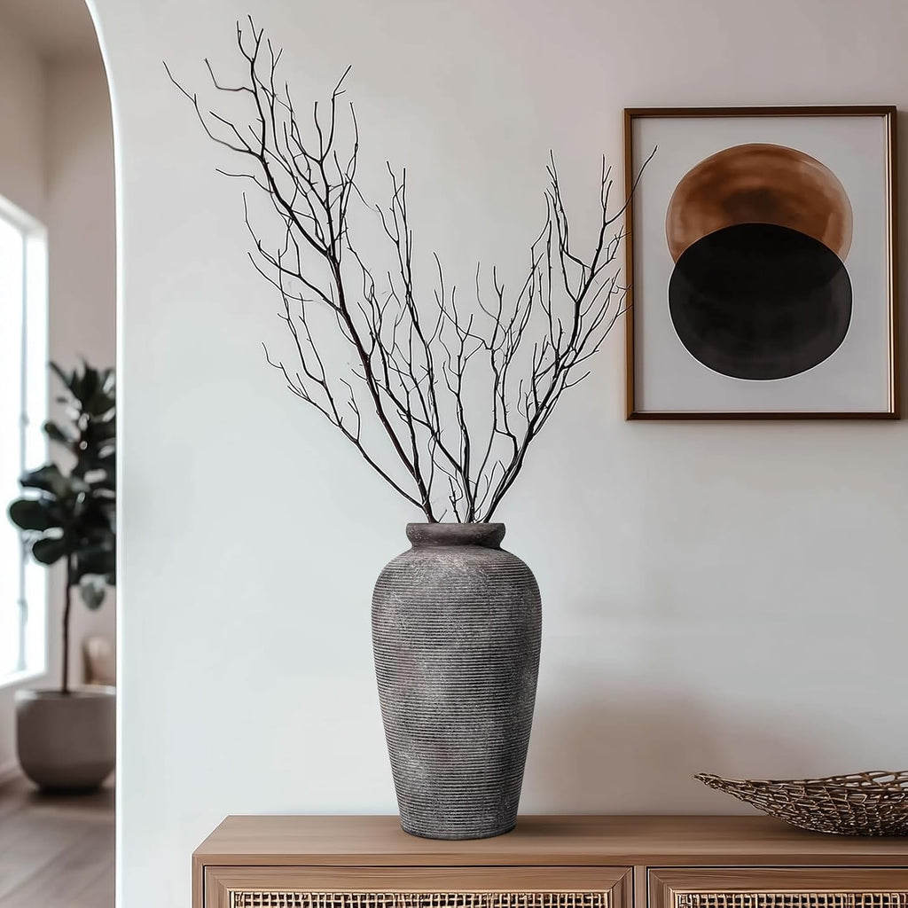 Large Rustic Terracotta Vase, 11 inch Tall Ceramic Flower Vase, Clay Farmhouse Decorative Vases for Flowers, Living Room, Shelf, Entryway, Home Decor, Grey