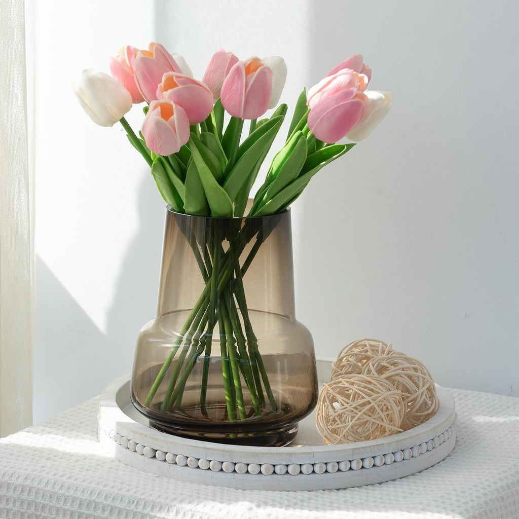 Relexome Amber Glass Vase Bud Flower Vase with Modern Design, Brown Wide Mouth Decorative Vase Gift for Home Decor, Living Room, Dining Table, Entryway, Shelf, Wedding, Office, 7.3 Inch (Amber)