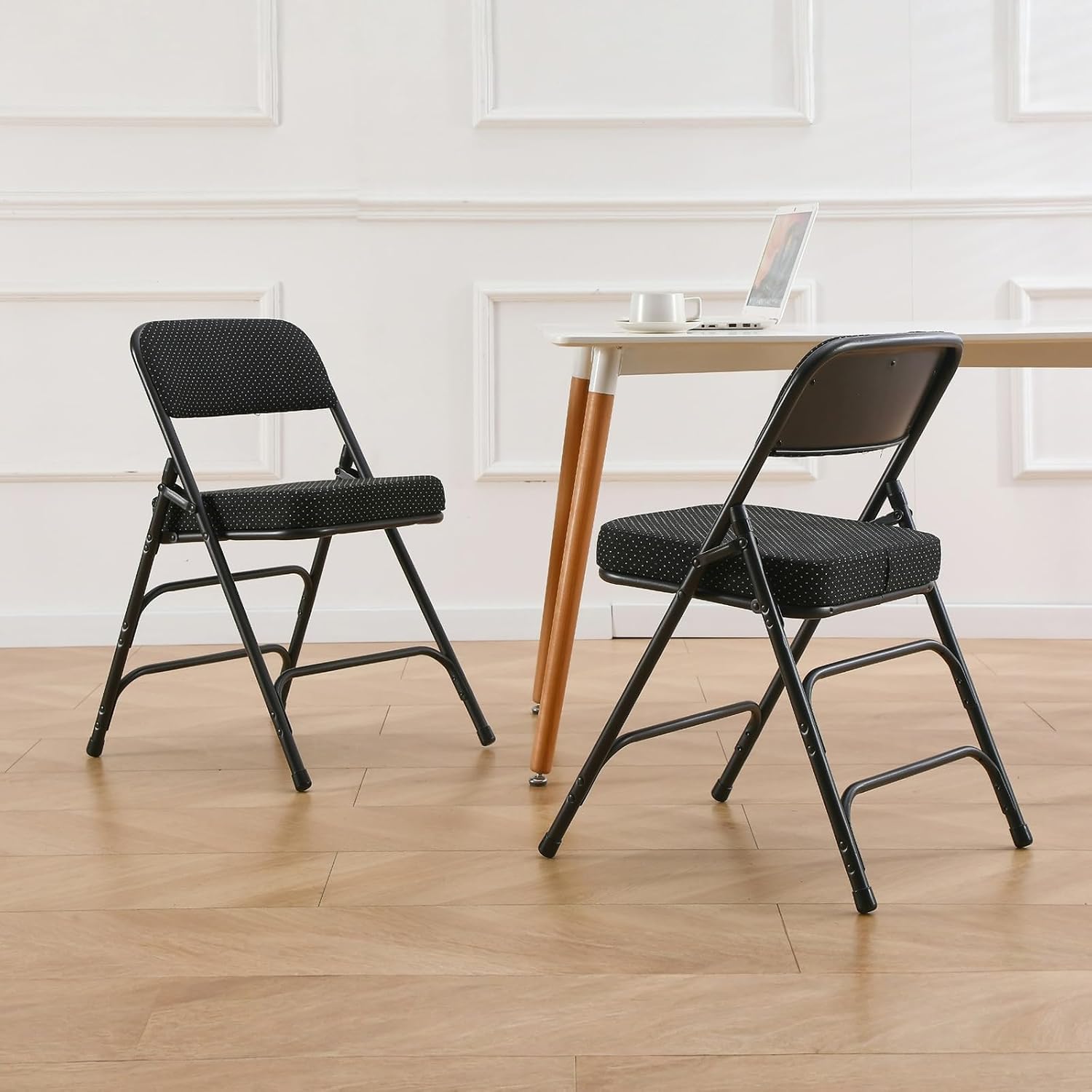 BOOSDEN 2 Pack Padded Folding Chairs with Thick Seat Cushion, Fabric Folding Chair, Portable Upholstered Dining Chairs, Metal Frame Foldable Chair for Indoor & Outdoor Kitchen Office Party, Black