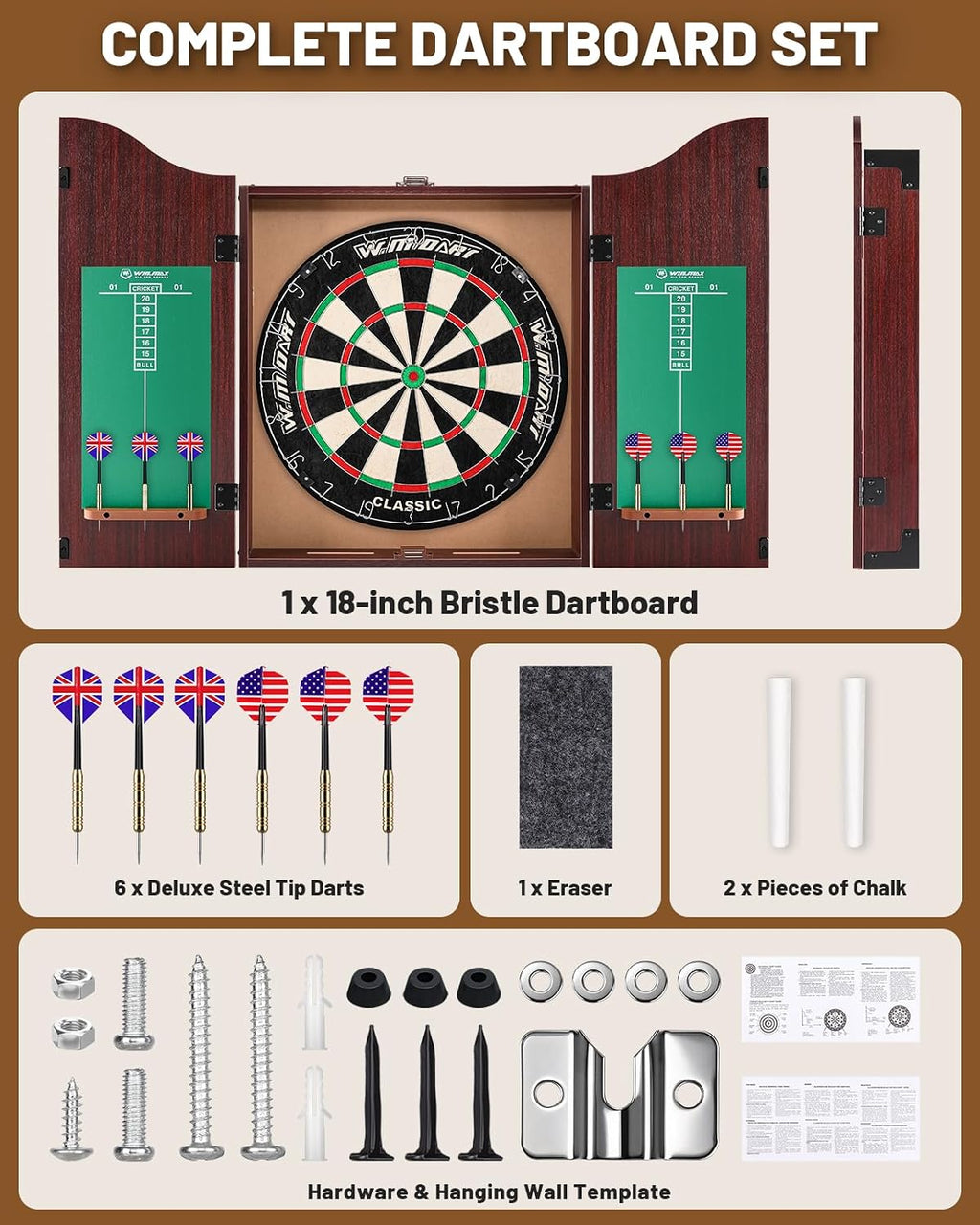 Dartboard Cabinet Set, Dart Boards for Adults with 6 Darts, Regulation Size | Self‑Healing Fibers, Rotating Number Ring, Chalkboard Scoring for Game Room Man Cave and Home Bar, Brown