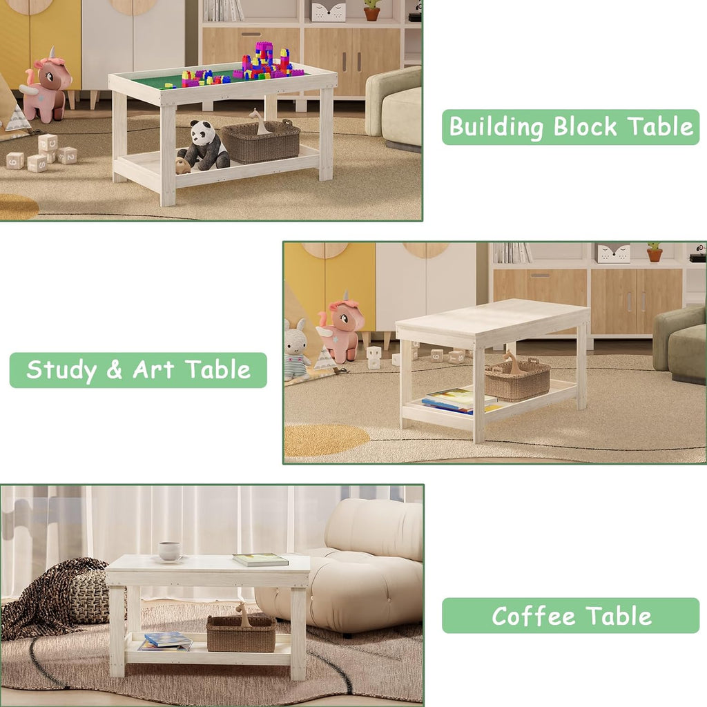 Kids Activity Table with Board and Storage Compatible with Lego, Wooden Play Table for Drawing, Building Blocks, Reading, Boys Girls Gifts