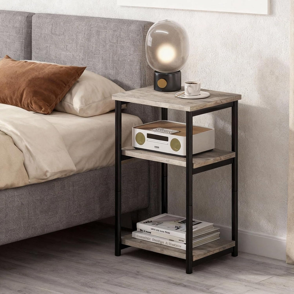 Garvee 3 Tier End Table, Tall Side Table with Storage, Telephone Tables with Metal Frame Small Nightstand for Small Spaces for Living Room Bedroom Sofa Couch Hall Easy Assembly Gray