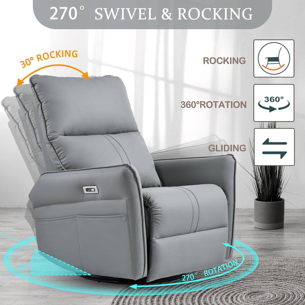 Power Swivel Rocker Recliner Chair for Nursery, Upholstered 270° Swivel Glider Rocker Chair with USB Ports, Small Power Recliners for Small Spaces Living Room