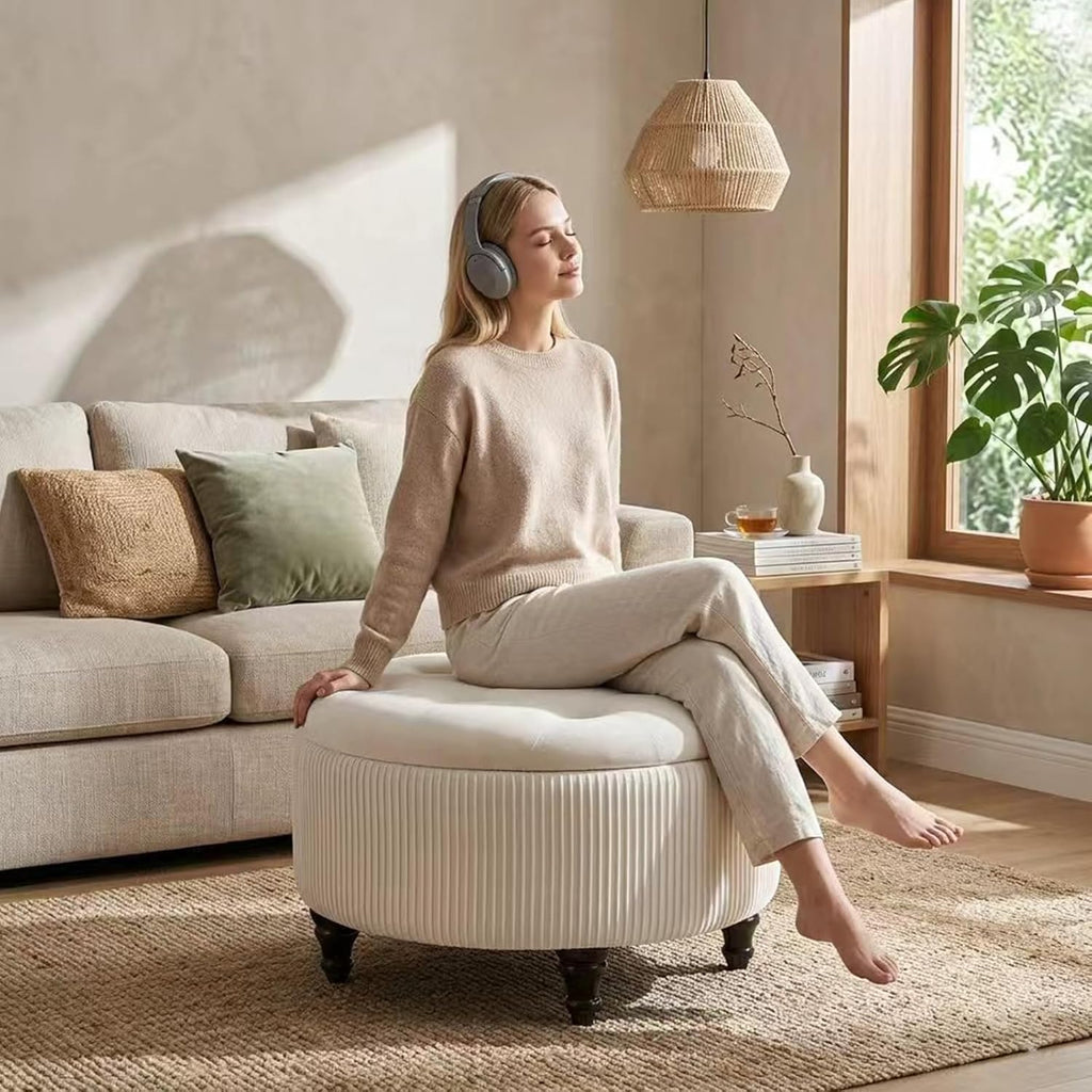 4-in-1 24Inch Round Storage Ottoman, Modern Tufted Fabric Circle Storage Coffee Table with Removable Lid, Upholstered Storage Ottoman with Tray for Living Room (Off White)