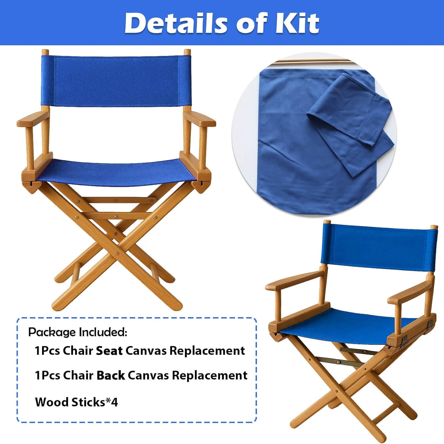 STAY GENT Director's Chair Canvas Replacement Kit 21"L x 8"W - 21"L x 16.5"W Replacement Canvas Durable Cotton Canvas Seat & Back Covers for Home,Model Artist,Makeup,Show Dressing Room, 1 Set Blue