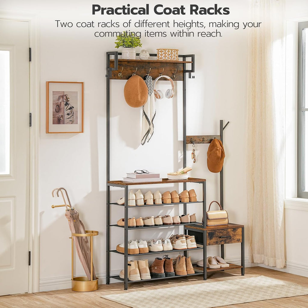 HOOBRO Hall Tree, Entryway Coat Rack Shoe Bench, Shoe and Coat Rack for Entryway, Hall Tree Coat Rack, with Non-Woven Fabric Drawer, for Entrance, Foyer, Rustic Brown and Black BF113MT01