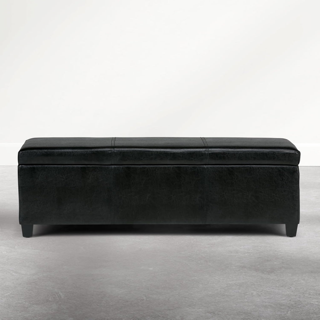 SIMPLIHOME Avalon Storage Ottoman Bench - 48 inch Wide Upholstered Vegan Leather Rectangle Storage Ottoman Bench in Carbon Black, Contemporary Ottoman for Living Room or Entryway with Lift-Up Lid