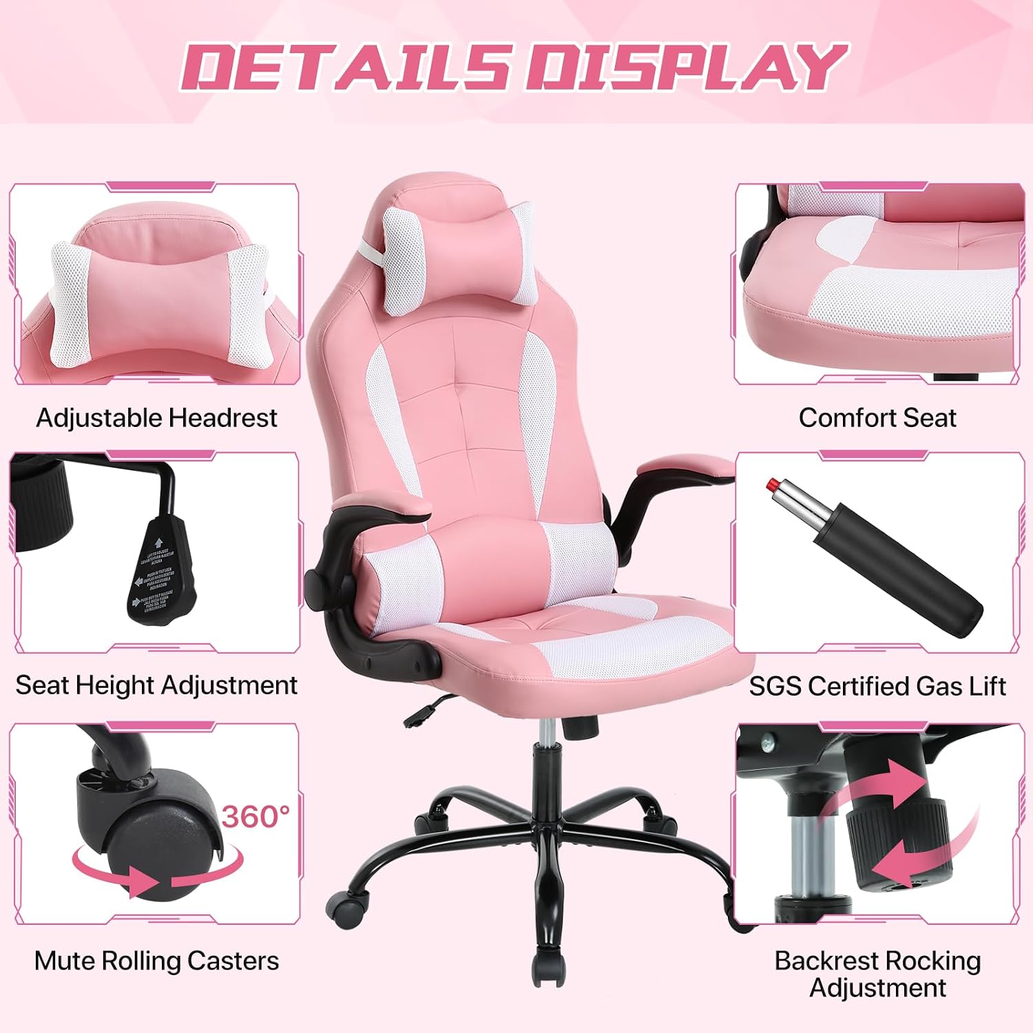 Pink Gaming Chair for Girls & Adults - Ergonomic High Back Office Desk Chair with Adjustable Lumbar Support, Flip-Up Arms & Headrest - PU Leather Swivel Computer Task Chair for Kids & Teens