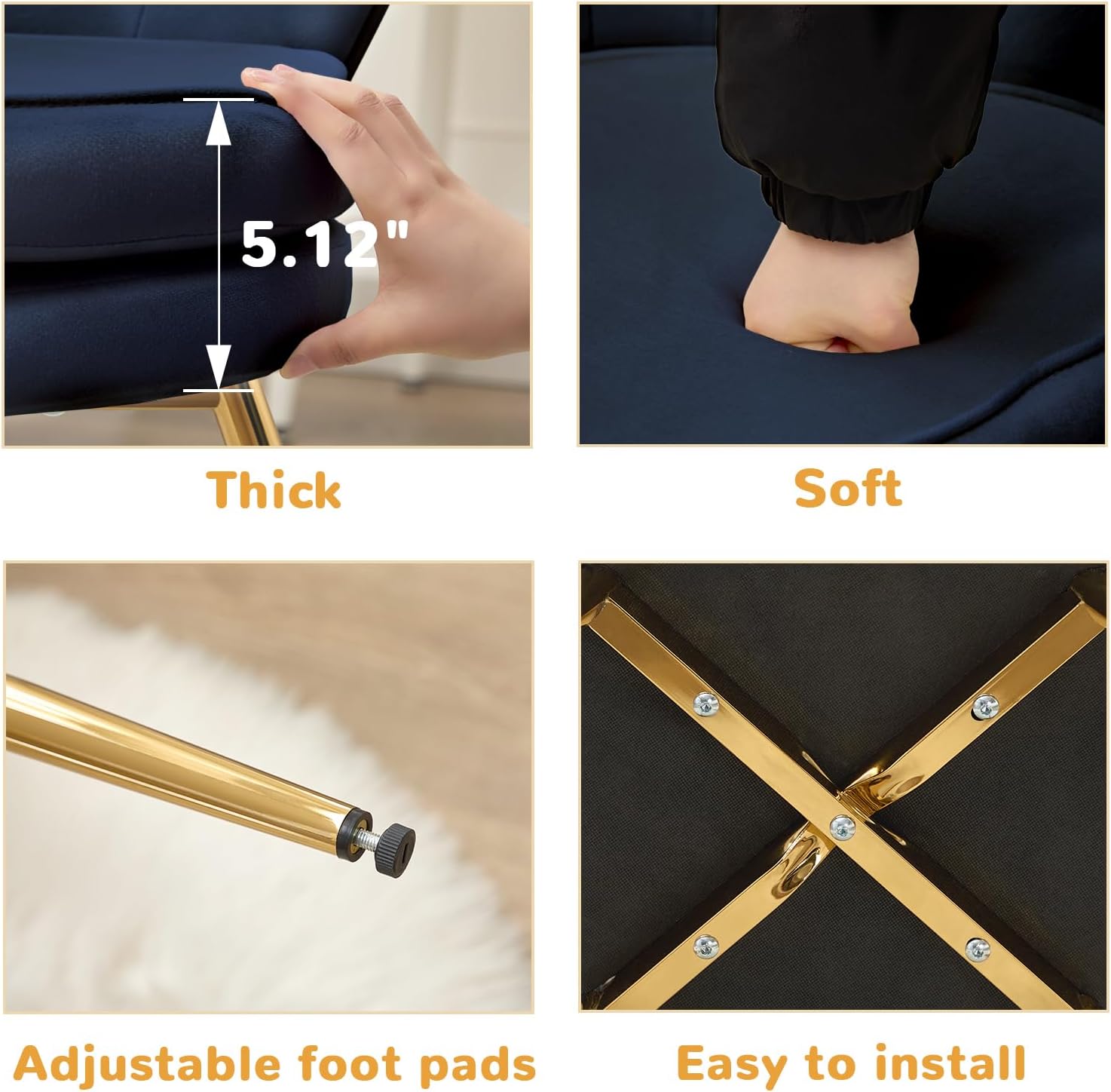 Czlolo Accent Chairs Set of 2, Velvet Vanity Chair with Back, Mid-Century Modern Small Accent Chair for Living Room, Golden Metal Legs Upholstered Makeup Chair, Bedroom Armchair, Dark Blue