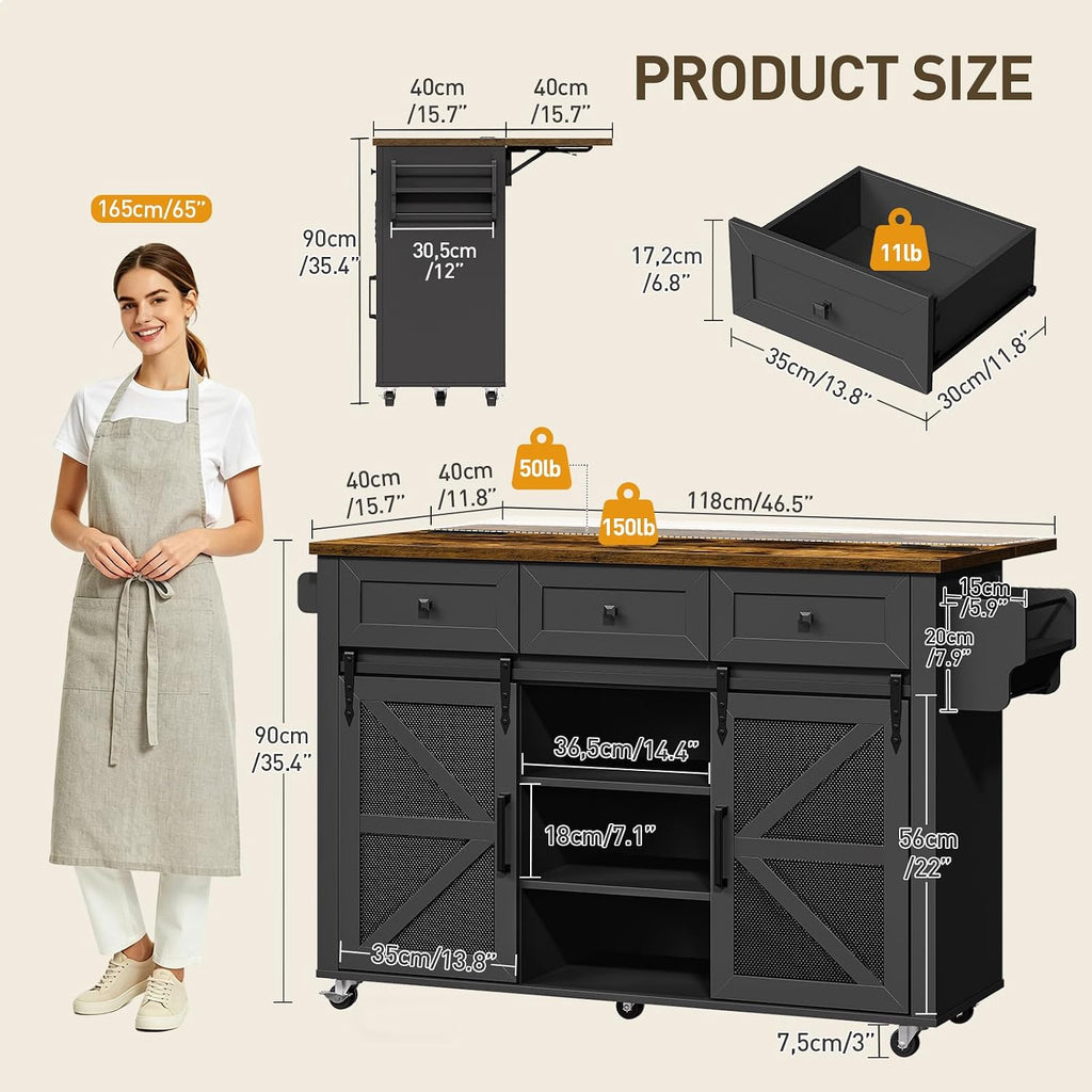 RALGEND Kitchen Island with Storage, 55" Kitchen Cart with Charging Station, Rolling Kitchen Island Table with Drop-Leaf, 3 Drawers, Barn Doors, Towel Rack and Spice Rack, Black and Rustic Brown