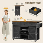 RALGEND Kitchen Island with Storage, 55" Kitchen Cart with Charging Station, Rolling Kitchen Island Table with Drop-Leaf, 3 Drawers, Barn Doors, Towel Rack and Spice Rack, Black and Rustic Brown