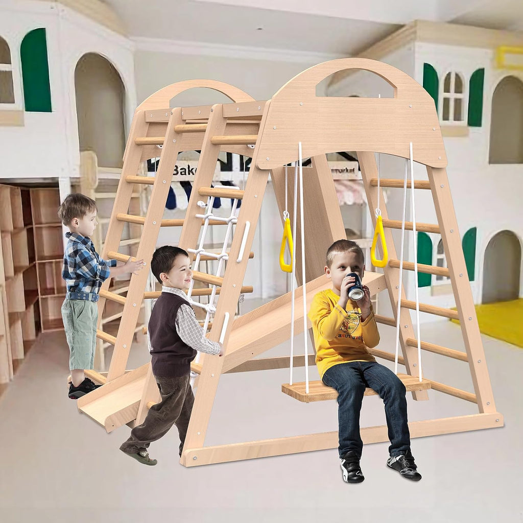 Indoor Playground 7 in 1 Jungle Gym Playset for 2 6yrs Slide, Climbing Wall, Rope Wall Climber, Monkey Bars, Swing Waldorf and Montessori Style Wooden Climb Set.
