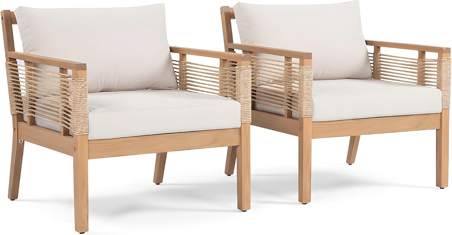 JIVOIT Acacia Wood Club Chairs Set of 2, Outdoor Patio Club Chairs with Hand-Woven Twist Rope, Cushions and Pillows, Adjustable Foot Pads, 400lbs Weight Support, Ideal for Backyard, Poolside
