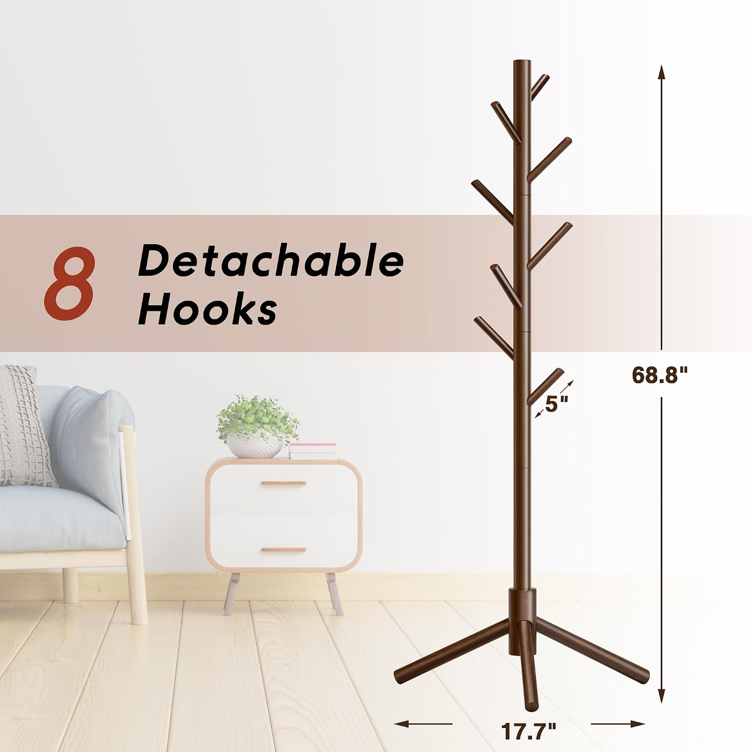 Coat Rack, Coat Racks Freestanding with 8 Hooks 3 Adjustable Heights for Clothes, Hats, Handbags, Coat Tree Easy Assembly for Entryway, Bedroom, Hallway, Office(Brown 2PCS)