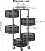 SAYZH Fruit Vegetable Basket for Kitchen, Rotating Storage Rack, 5 Tier Rolling Cart with top lid, Large Metal Wire Wheels, Black