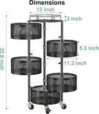 SAYZH Fruit Vegetable Basket for Kitchen, Rotating Storage Rack, 5 Tier Rolling Cart with top lid, Large Metal Wire Wheels, Black