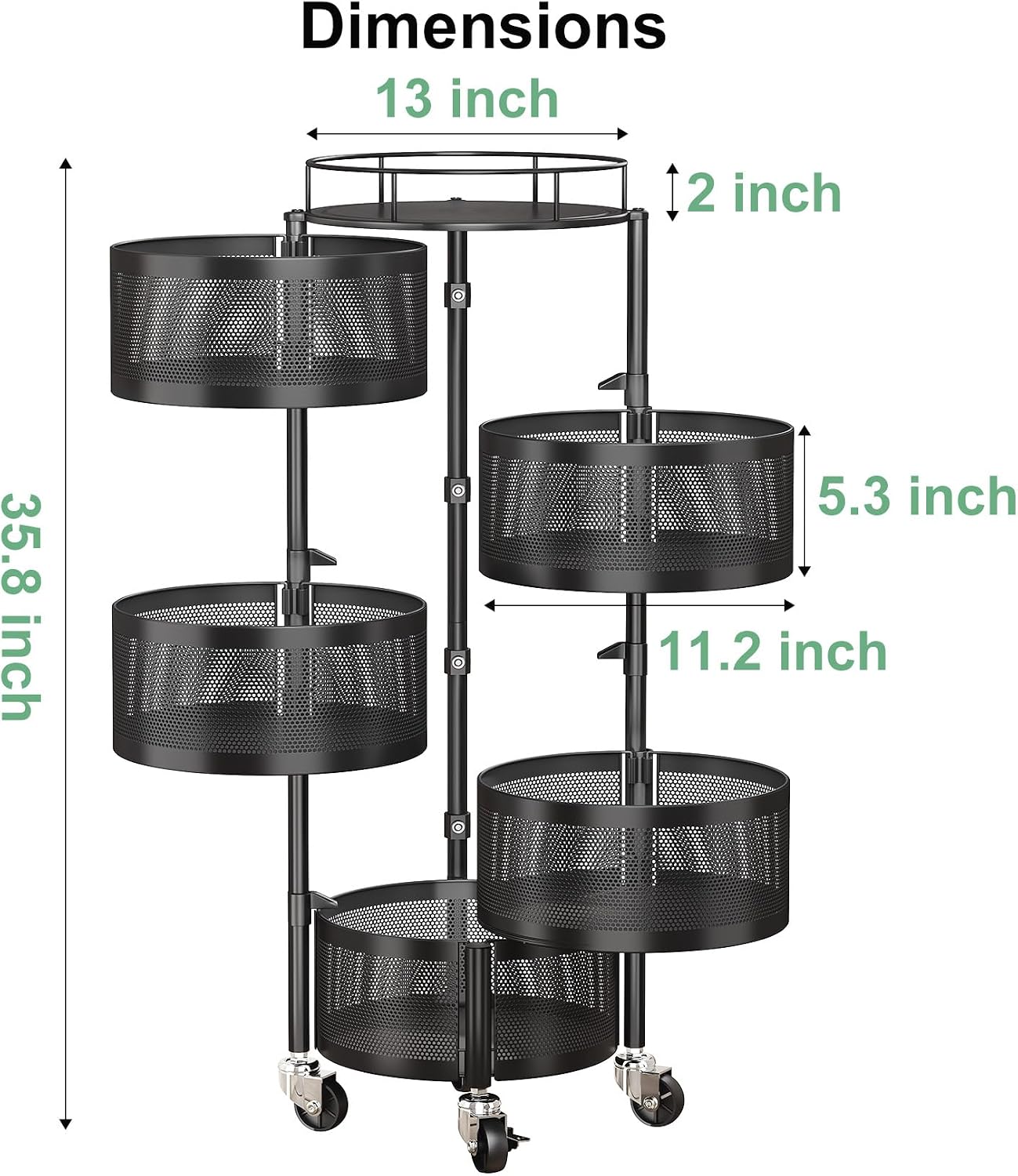 SAYZH Fruit Vegetable Basket for Kitchen, Rotating Storage Rack, 5 Tier Rolling Cart with top lid, Large Metal Wire Wheels, Black