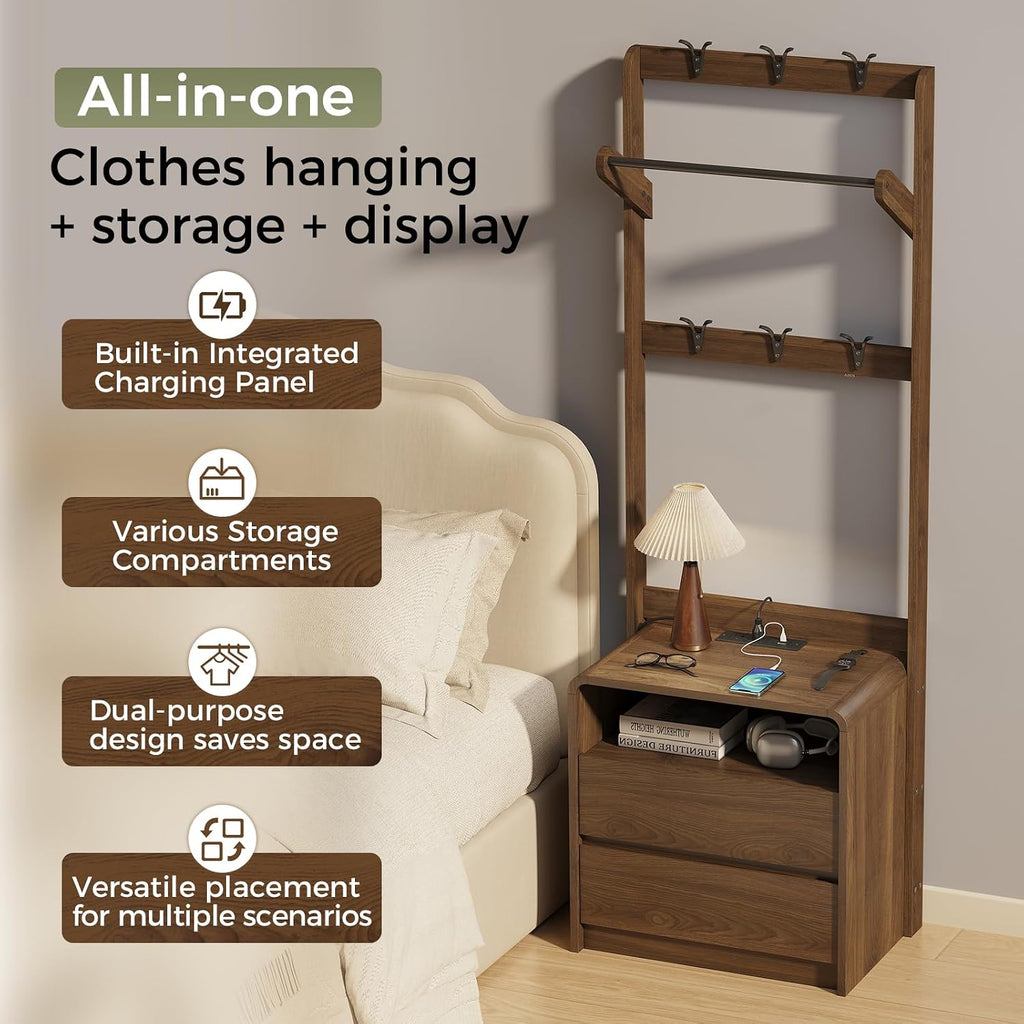 Messenya Mid Century Modern Bedroom Nightstand with Clothes Rack and Hooks | Bedside Table with Hanging Rod, 6 Storage Hooks, Charging Station, Dual Drawers, Rounded Corner, Open Shelf, Walnut Finish
