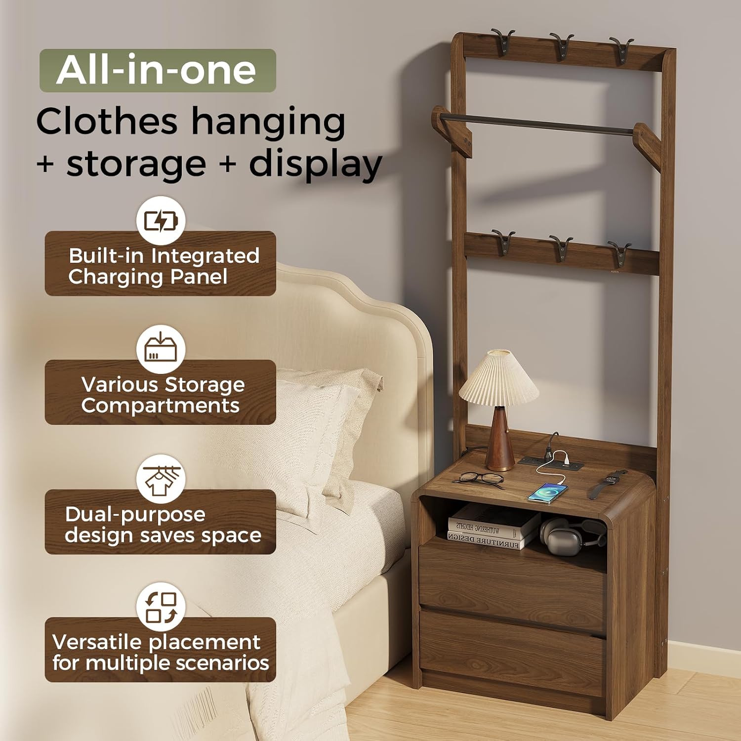 Messenya Mid Century Modern Bedroom Nightstand with Clothes Rack and Hooks | Bedside Table with Hanging Rod, 6 Storage Hooks, Charging Station, Dual Drawers, Rounded Corner, Open Shelf, Walnut Finish