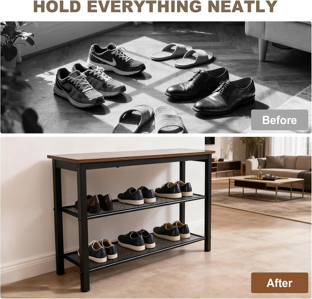 3-Tier Entryway Shoe Bench with Wood Seat, Industrial Metal Mesh Storage Rack for Hallway, Living Room, Rustic Brown, 29.5 Inch