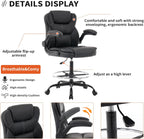 Drafting Chair Tall Office Chair for Standing Desk, 500lbs Heavy Duty Executive Chair with Flip-up Arms, 3D Contoured Leather Desk Chair with Adjustable Foot Ring & Height for Counter Height Desk