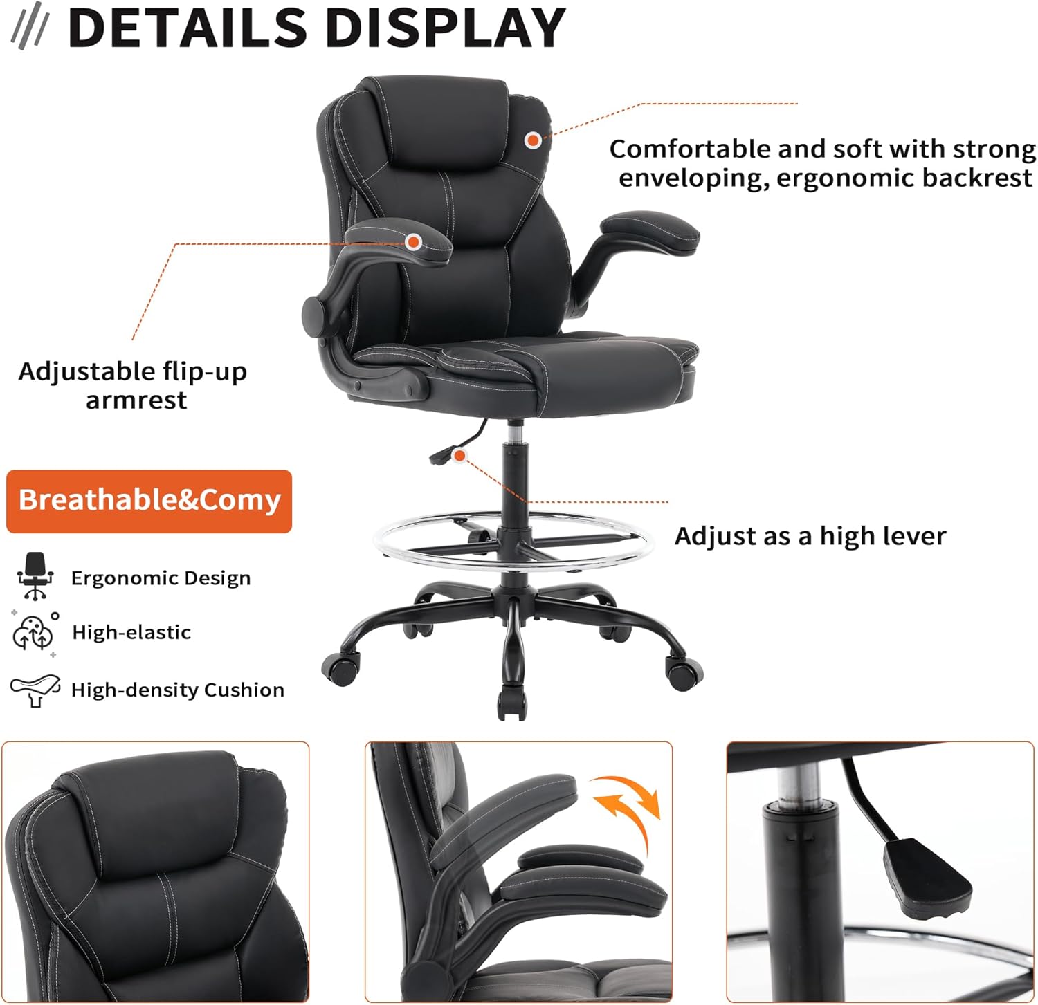 Drafting Chair Tall Office Chair for Standing Desk, 500lbs Heavy Duty Executive Chair with Flip-up Arms, 3D Contoured Leather Desk Chair with Adjustable Foot Ring & Height for Counter Height Desk