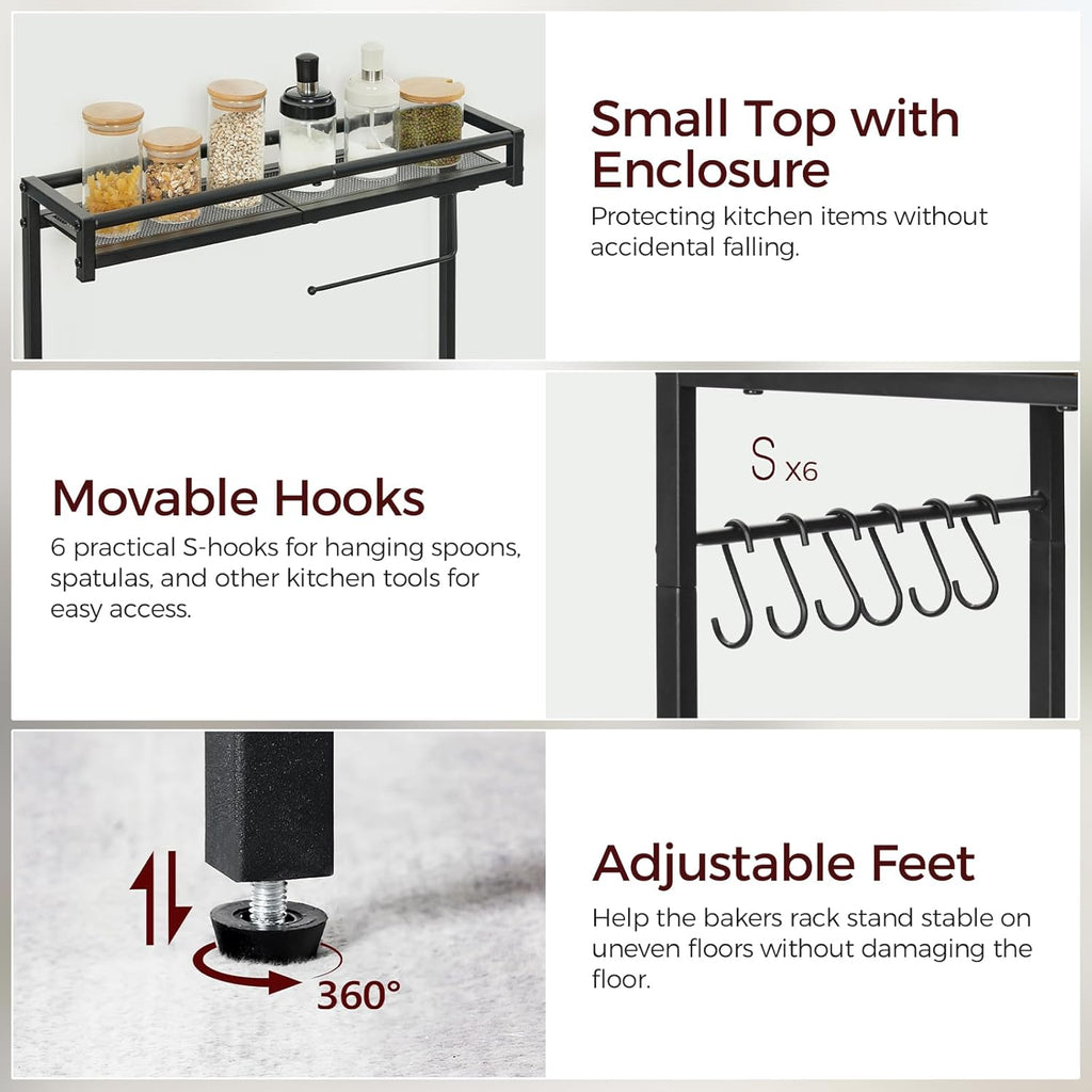 MAHANCRIS Bakers Rack with Storage, Microwave Stand with Paper Holder, Bakers Rack with Power Outlet, Coffee Bar Station with 6 Hooks, for Kitchen, Dining Room, Black BRBK36E01