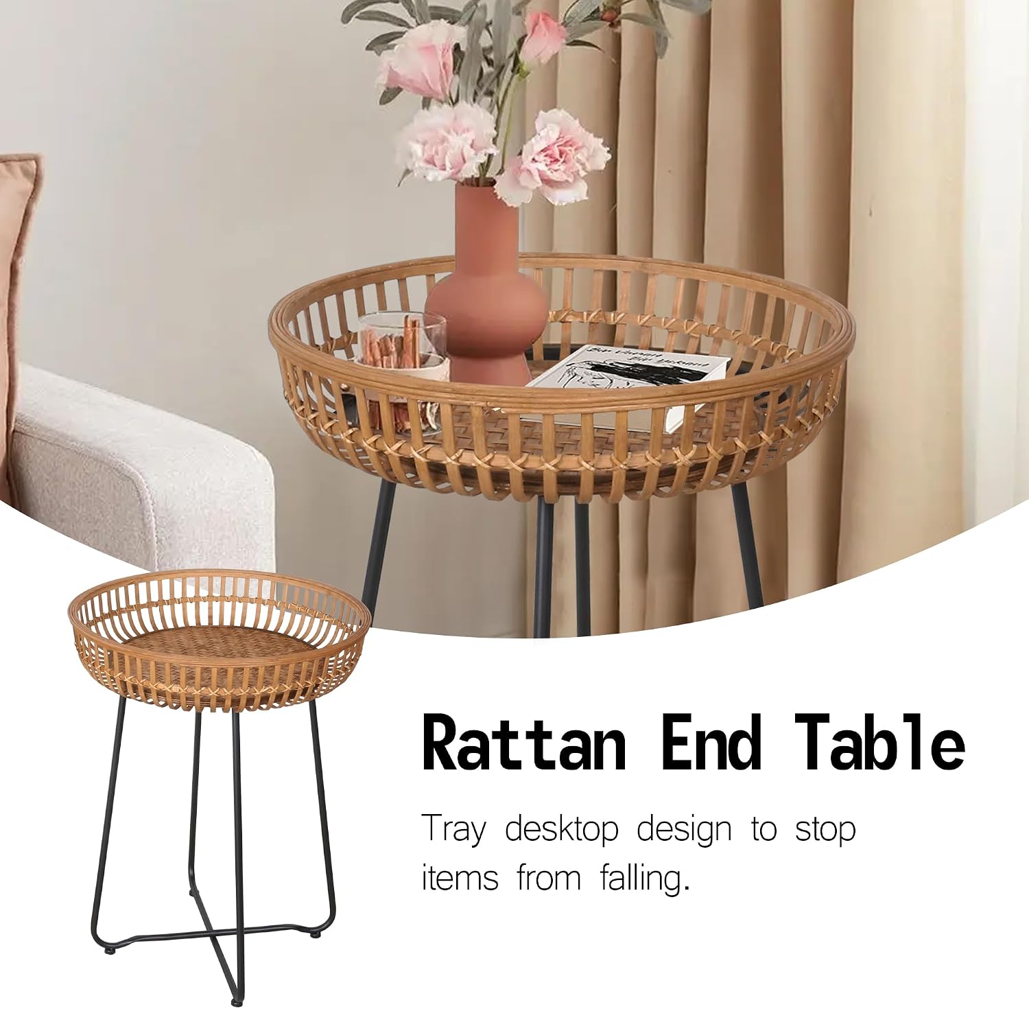 Oakrain Small End Table, Small Round Coffee, Bamboo&Rattan, Accent Table with Boho Style, for Balcony, Livng Room, Bedroom (18.11inch, 1PCS)