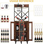 COCO DESIGN Corner Wine Cabinet with Lockable Glass Door & LED Light, 4-Tier Liquor Bar Unit, Modern Farmhouse Home Bar for Living Room, 2 Wine Racks & 2 Glass Display Trays, Walnut