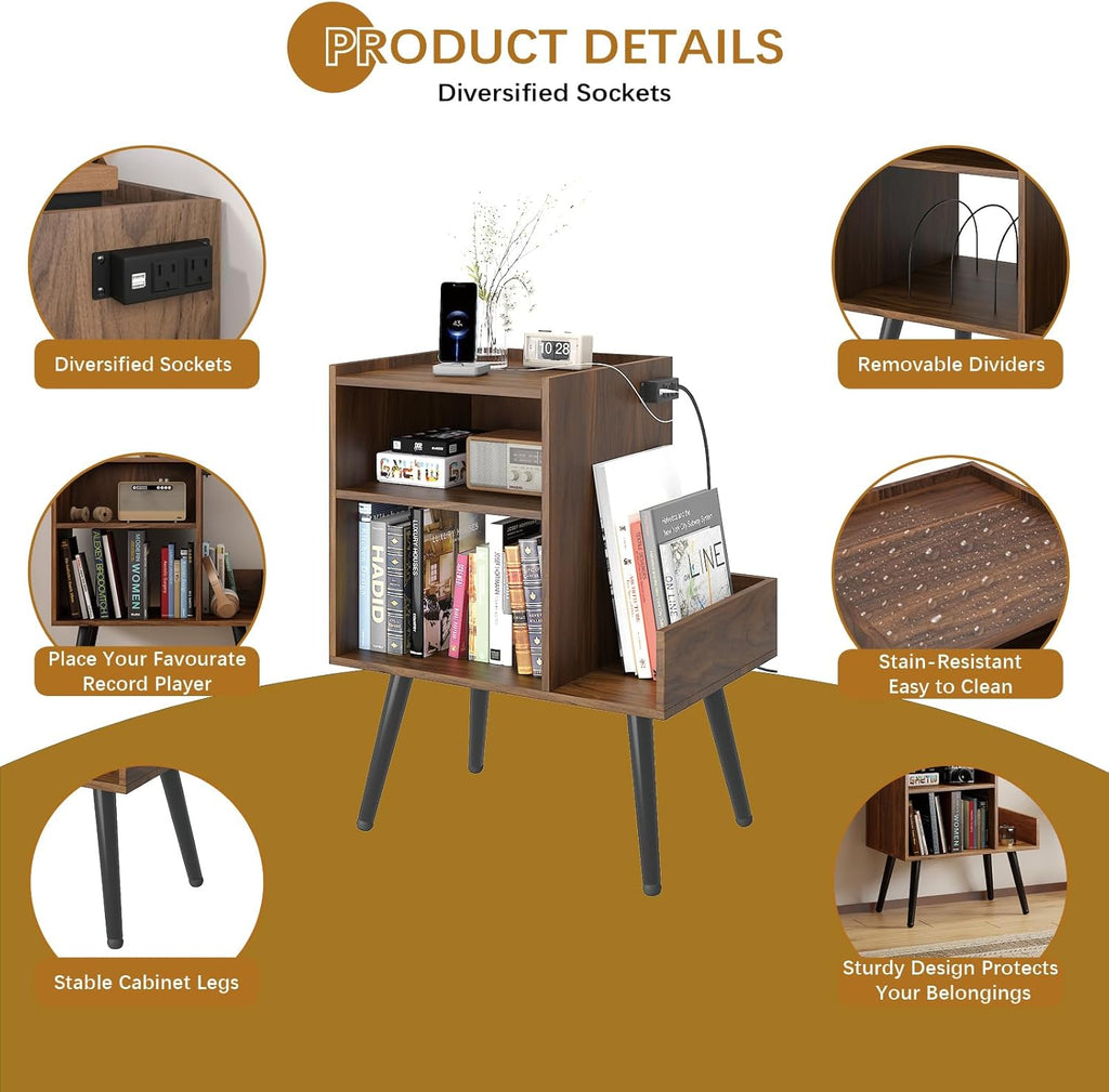 HedoAjim End Table with Charging Station, Narrow Side Table, Nightstand with shelfs, Slim Sofa Side Table, for Small Spaces, Living Room, Bedroom, Drak Walnut