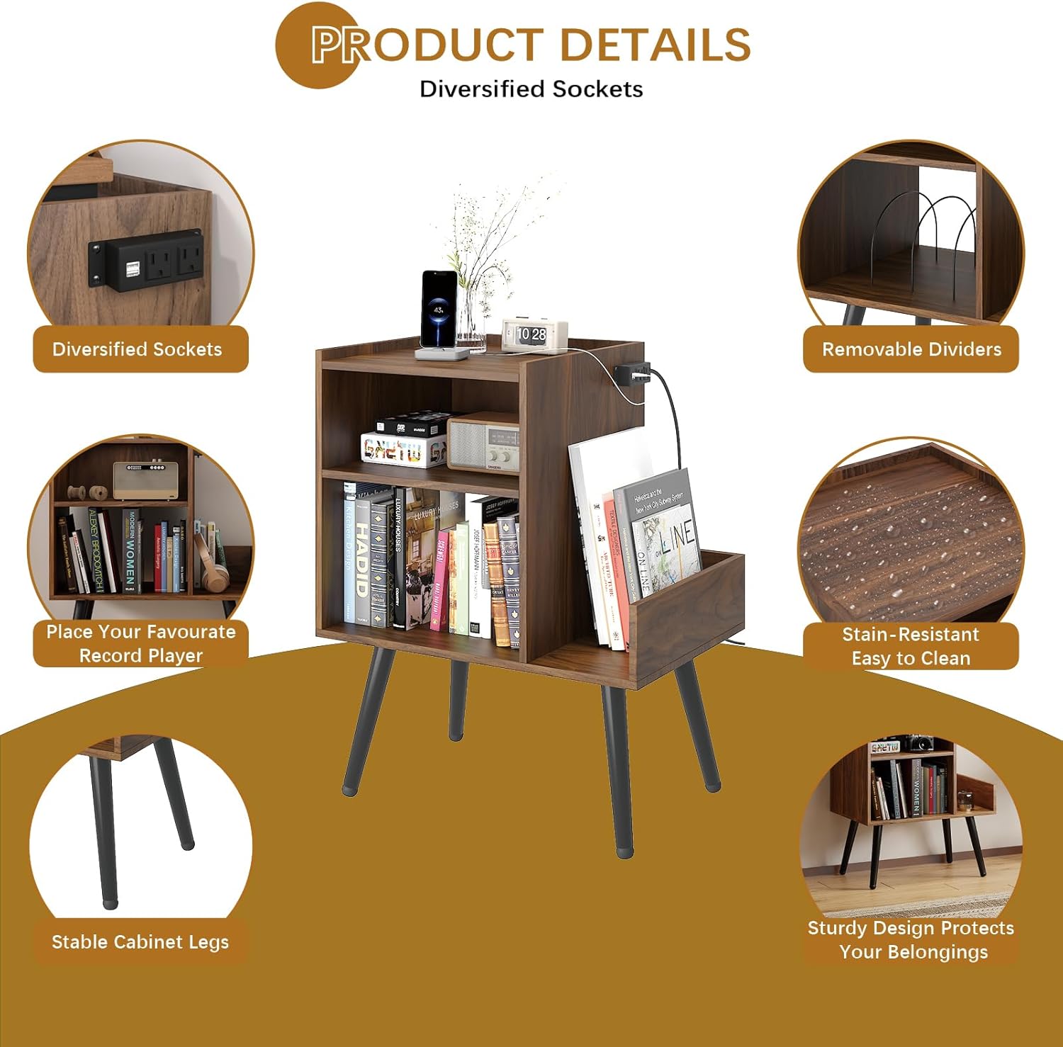 HedoAjim End Table with Charging Station, Narrow Side Table, Nightstand with shelfs, Slim Sofa Side Table, for Small Spaces, Living Room, Bedroom, Drak Walnut