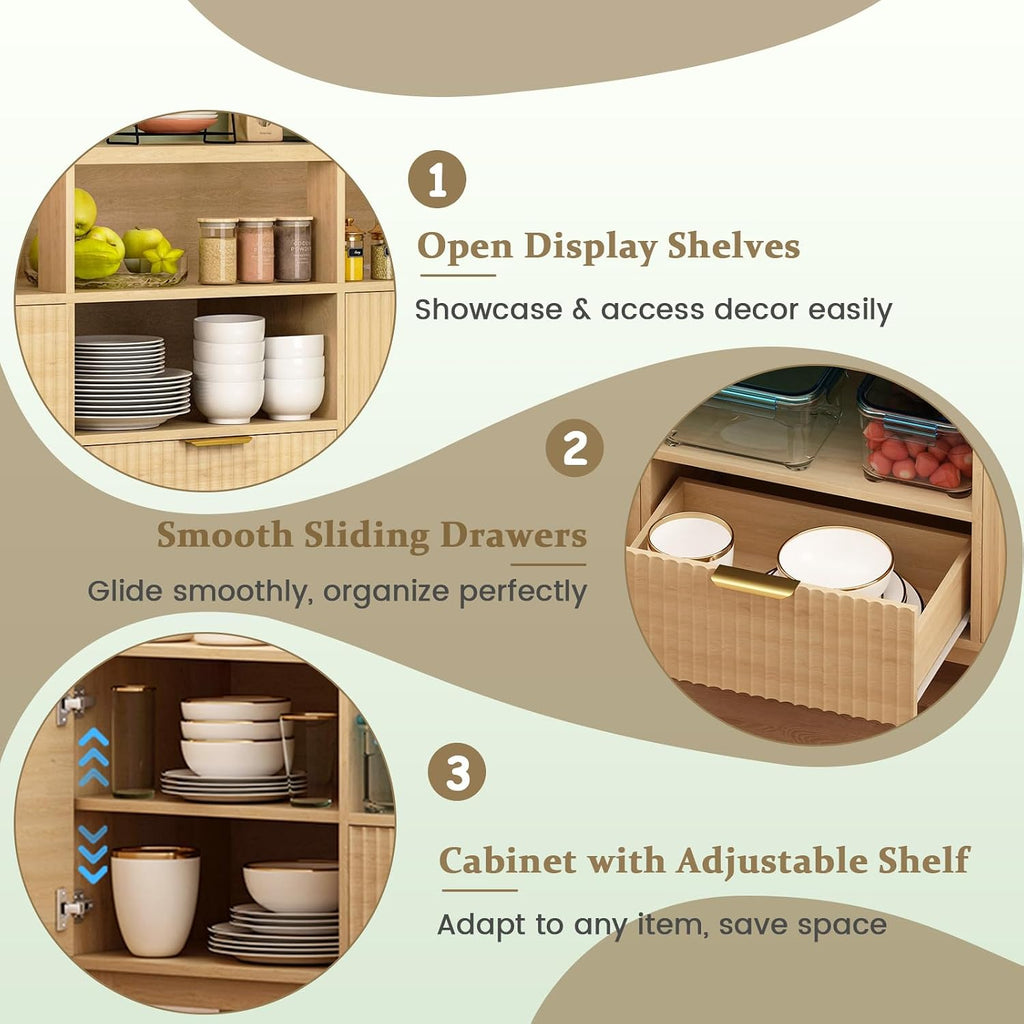 58" Coffee Bar Cabinet with Storage and Drawers, Large Sideboard Buffet Cabinet with Charging Station, Adjustable Lighting, 2 Doors and Open Shelves, Fluted Panel, Natural Oak