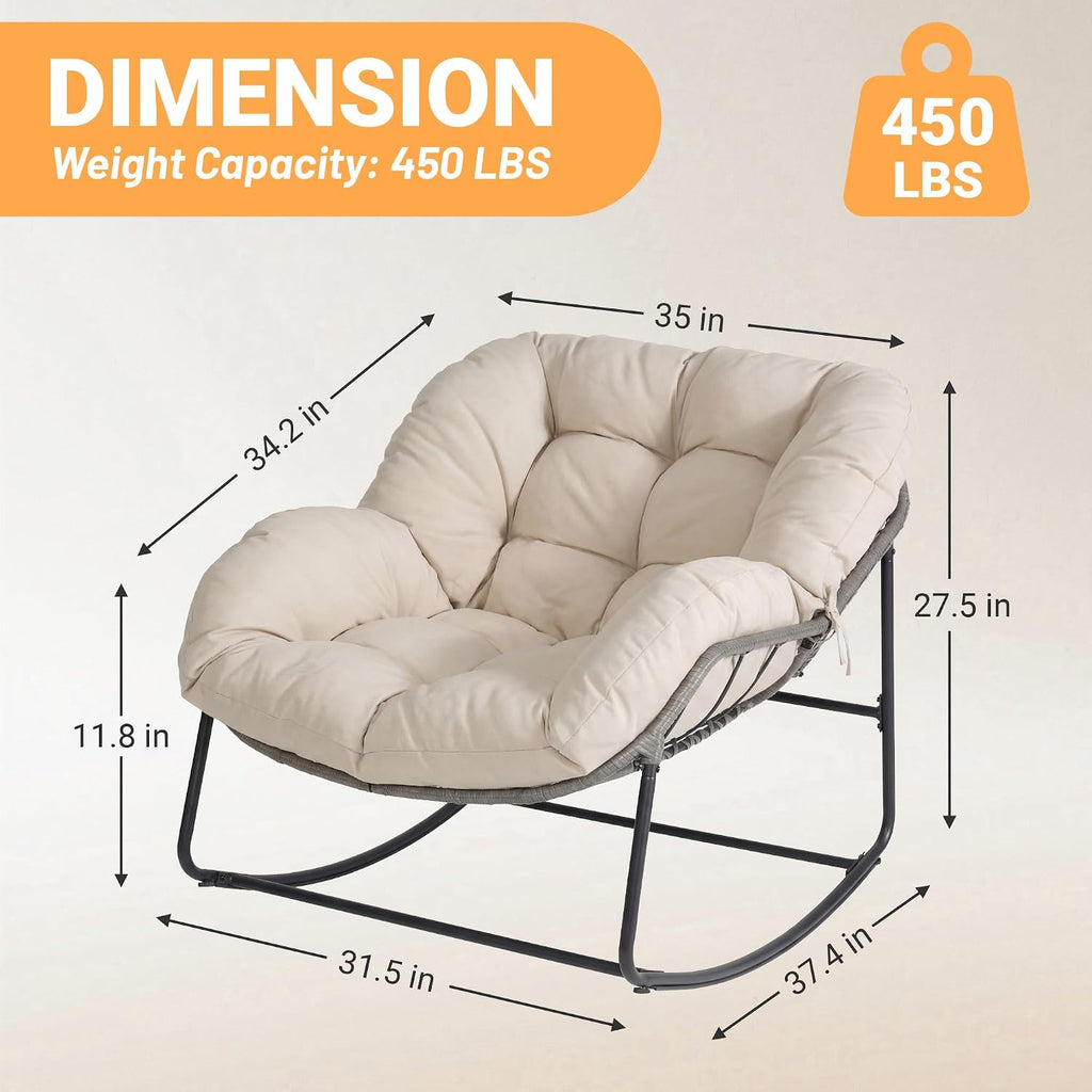 Bifanuo Oversized Egg Rocking Chair for Indoor/Outdoor – All-Weather Wicker Rattan Lounge Chair with Cushion, Patio Rocker for Porch, Garden, or Balcony (Classic Beige)