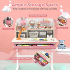 HONEY JOY Kids Desk, Children School Study Desk w/ 7-Level Tiltable Desktop, Height Adjustable Table w/Bookshelf, Pull-Out Drawer & Pen Holder, Student Writing Workstation, Desk for Girls Boys (Pink)