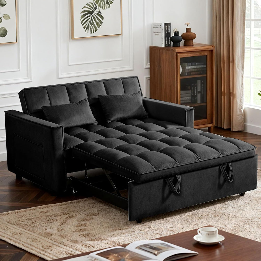 3 in 1 Sofa Bed, Loveseat Sleeper Sofa Bed with Side Pockets, Velvet Fabric Pull Out Couch with Adjustable Backrest for Living Room, Bedroom, Apartment, Black