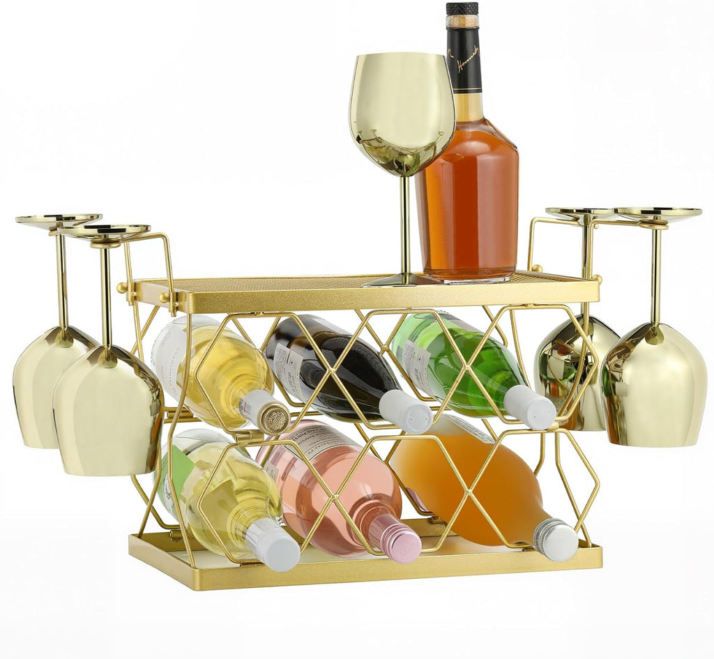 Countertop Wine Rack Organizer - Holds 6 Oversized Bottles & 4 Glasses | Freestanding Small Metal Bottle Holder, Perfect for Home Décor, Kitchen Storage and Cabinet | No Assembly（Gold）