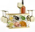 Countertop Wine Rack Organizer - Holds 6 Oversized Bottles & 4 Glasses | Freestanding Small Metal Bottle Holder, Perfect for Home Décor, Kitchen Storage and Cabinet | No Assembly（Gold）
