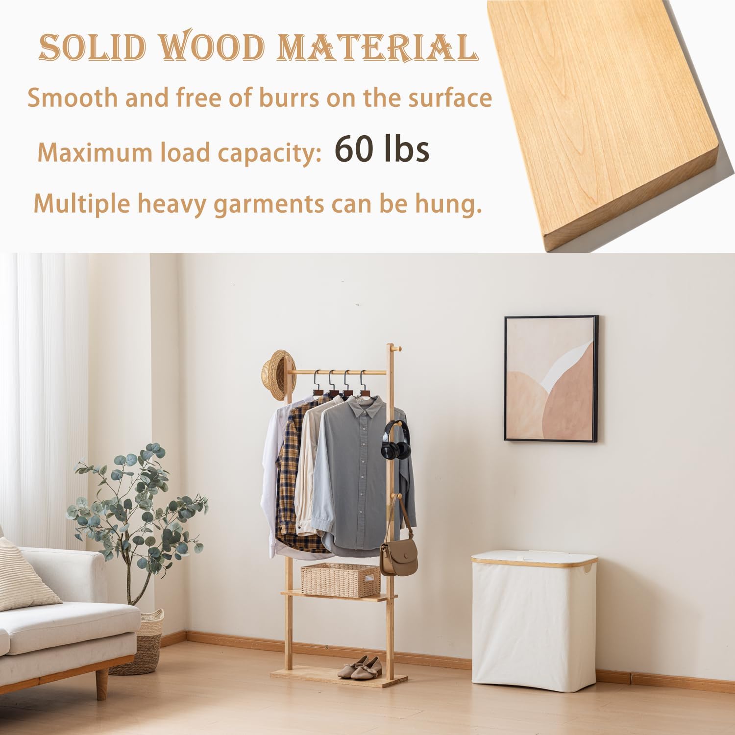 latifolia Clothes rack, Solid Wood Clothing Rack Witch Hooks and Shelves, 23.6 inch Garment rack With Storaege for Living Room, Nature