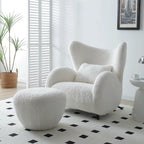 Oversized Modern Boucle Accent Chair with Ottomans, Furry Sherpa Elegant Single Sofa, Wingback Chair Living Room Chairs Comfy Upholstered Armchair for Bedroom Office Apartment Balcony,Cream White