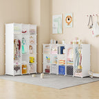 Modular Baby Wardrobe Closet, Portable Children Organizers and Storage for Nursery,15 Cubes with Hanging Rods,Multi-Functional Kids Storage Shelf-Bedroom Clothes Armoire (Boys & Girls)