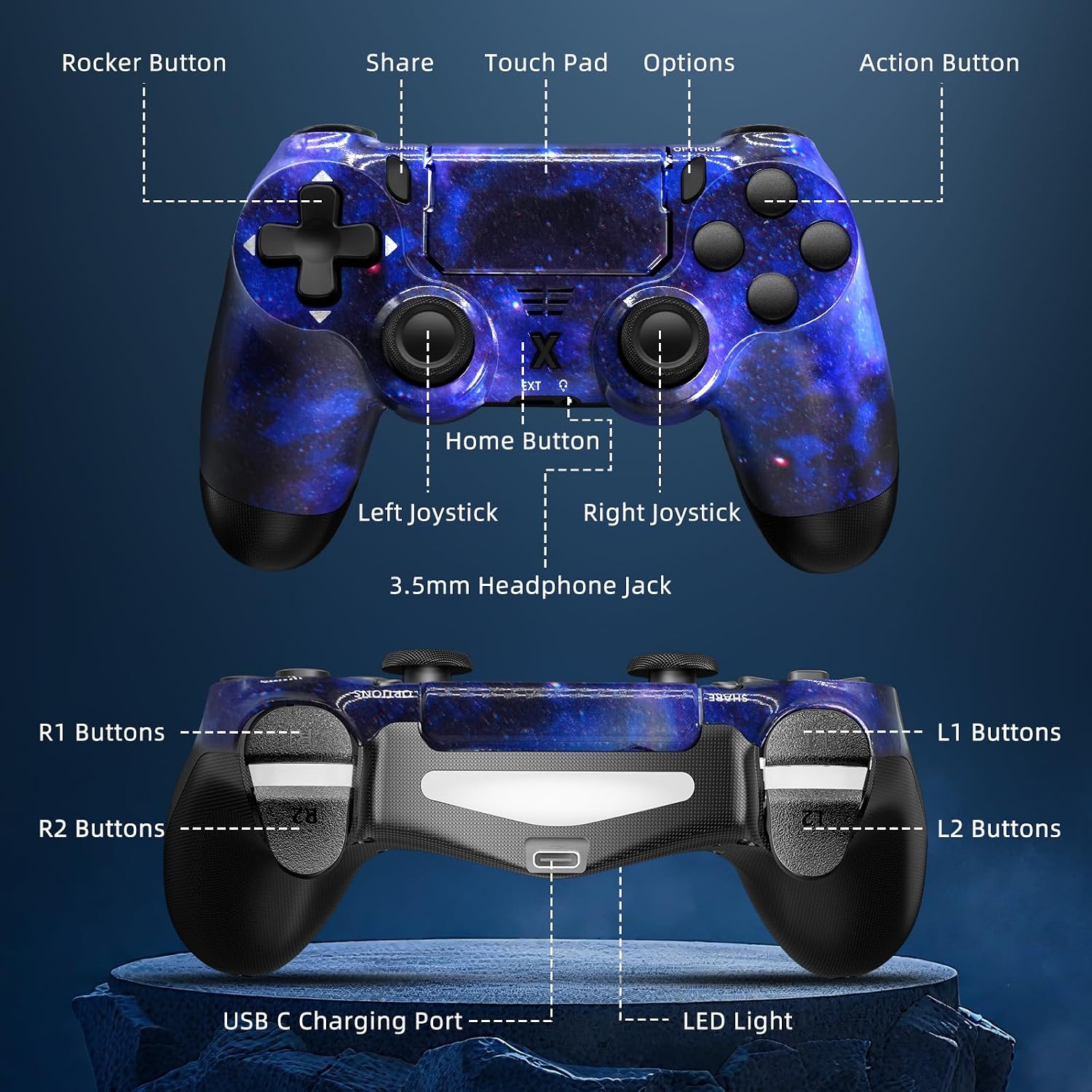 Puiseno Wireless Controller for PS-4, Dual Vibration Game Joystick/Motion Sensing/Touchpad/Speaker/3.5mm Audio Jack Headphone, Upgraded Six-Axis Sensor, Compatible with PS4/Slim/Pro Console/PC,STRAR