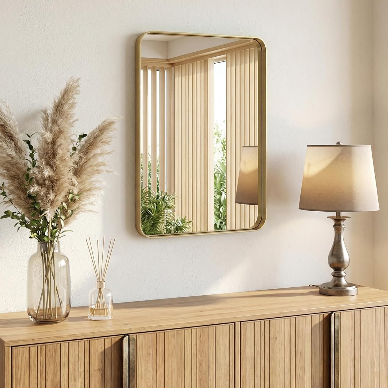 OLIXIS Bathroom Mirror for Over Sink, 30x22 Inch Wall Rounded Rectangle Mirror with Matte Metal Framed, Modern Wall Mount Vanity Mirrors for Home Decor, Living Room, Bedroom, Gold