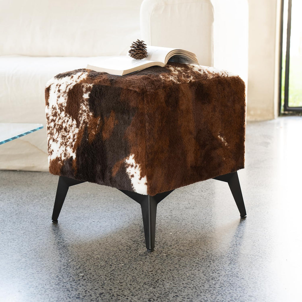 Faux Cowhide Ottoman, Upholstered Foot Stool - 16 x 16 x 17 Inches, Cube Footrest with Solid Metal Legs for Living Room, Bedroom & Entryway(Tricolor)