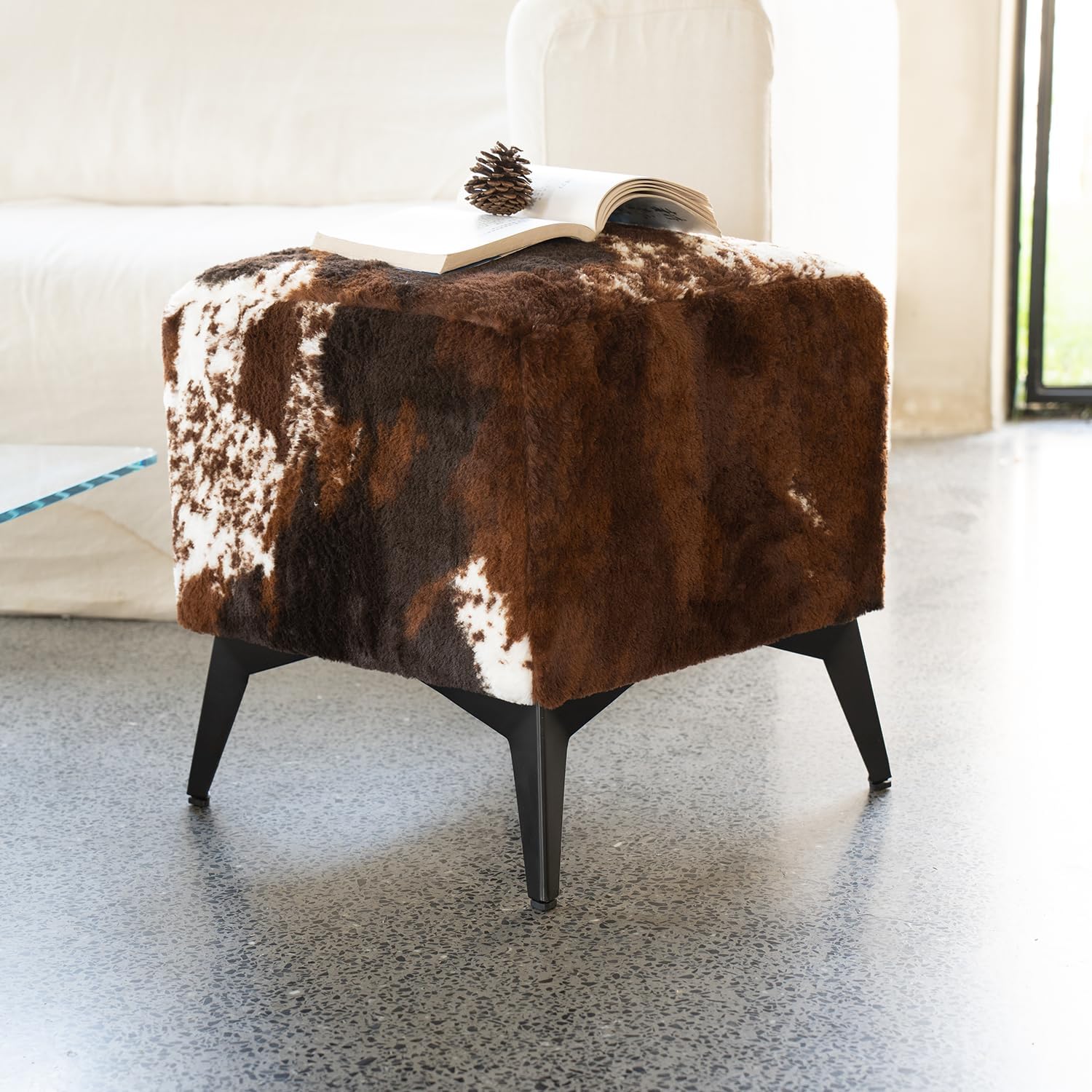 Faux Cowhide Ottoman, Upholstered Foot Stool - 16 x 16 x 17 Inches, Cube Footrest with Solid Metal Legs for Living Room, Bedroom & Entryway(Tricolor)