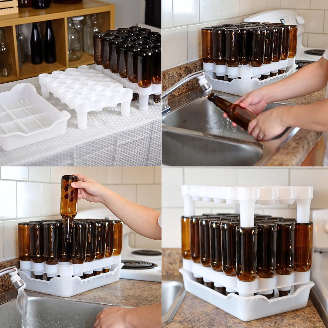FASTFERMENT - 24-Bottle Drying Rack & Tray| Bottle Drying Tree Alternative | Dry & Store Your Wine or Bomber/Belgian Bottles | 2-Stackable Racks, 1 Tray | Dishwasher Safe | Home Brewing Supplies