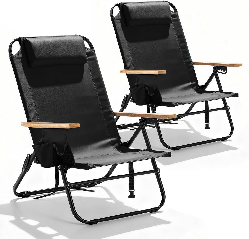 2 Pack Premium 5-Position Reclining Camping Chair - Portable Folding Lightweight Outdoor Chair with Wooden Armrests, Headrest & Pockets, 350lbs Heavy Duty for Beach, Patio, Backyard, Black
