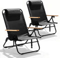 2 Pack Premium 5-Position Reclining Camping Chair - Portable Folding Lightweight Outdoor Chair with Wooden Armrests, Headrest & Pockets, 350lbs Heavy Duty for Beach, Patio, Backyard, Black