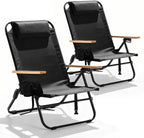 2 Pack Premium 5-Position Reclining Camping Chair - Portable Folding Lightweight Outdoor Chair with Wooden Armrests, Headrest & Pockets, 350lbs Heavy Duty for Beach, Patio, Backyard, Black