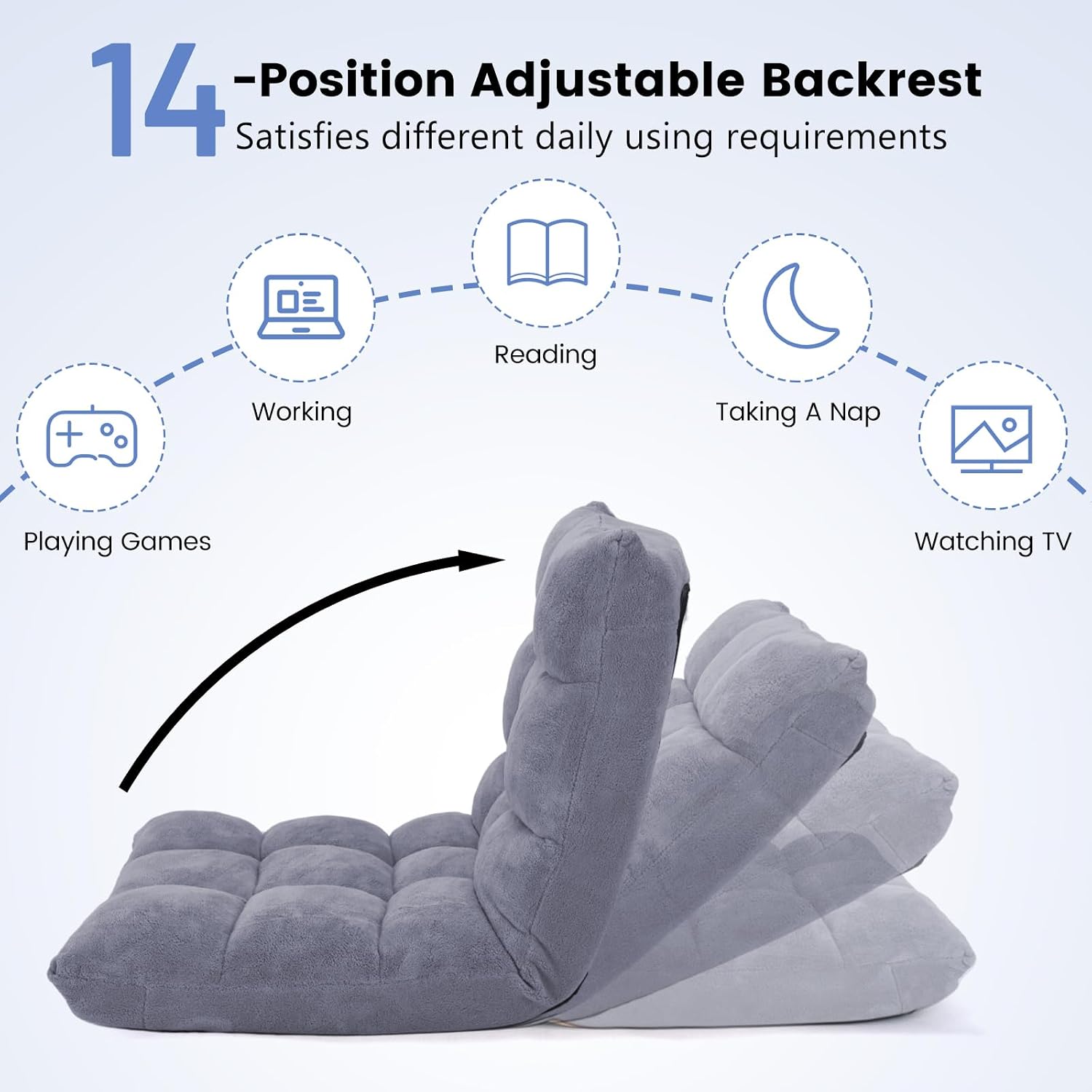 MAT EXPERT Floor Chair with Back Support, Floor Gaming Chair w/ 14 Adjustable Position, Soft Coral Fleece&Alloy Steel Frame, Foldable Padded Lazy Couch Recliner for Meditating (Gray, Large)