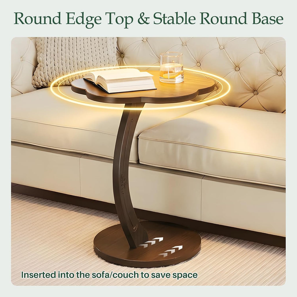 C-Shaped End Table for Couch - Round Small C Side Table, Flower Handmade Wood Sofa Couch Tables That Slide Under Bedside, Saving Space Wooden Tray for Living Room, Small Space, (Dark Walnut)